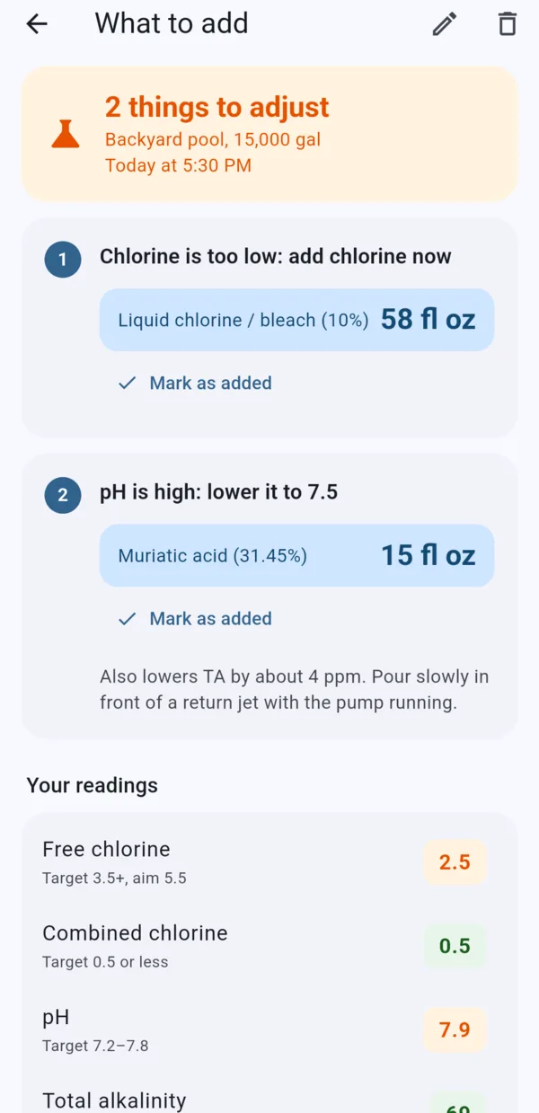 Pool Log app: two steps to fix the water, liquid chlorine, then muriatic acid