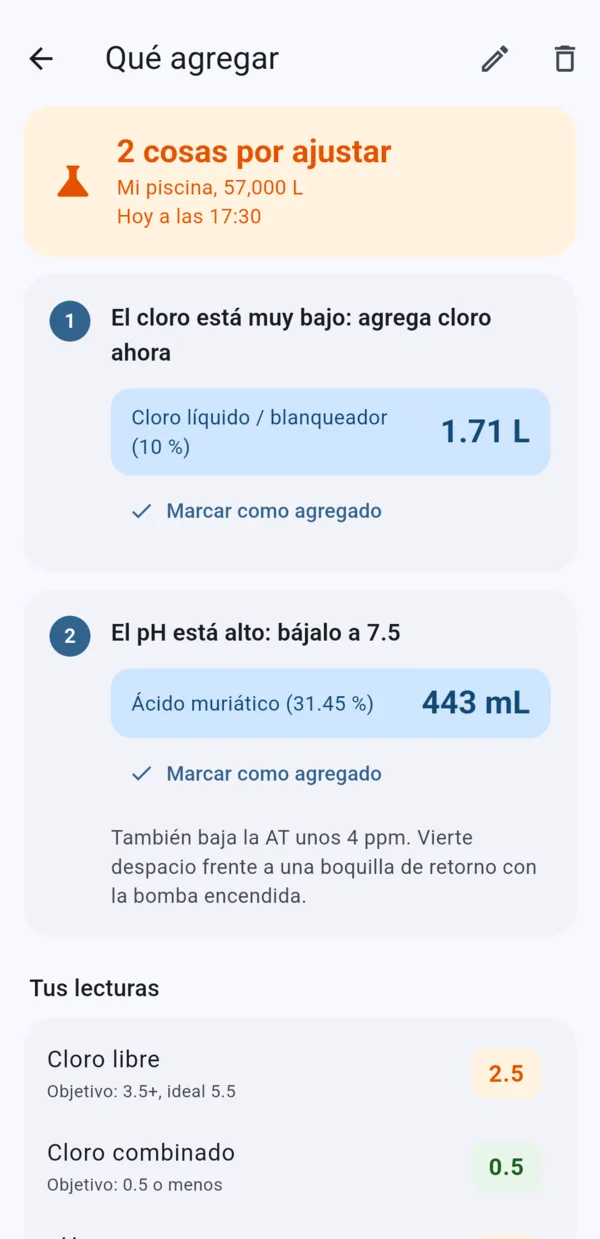 App Pool Log: dos pasos para corregir el agua, cloro líquido y luego ácido muriático