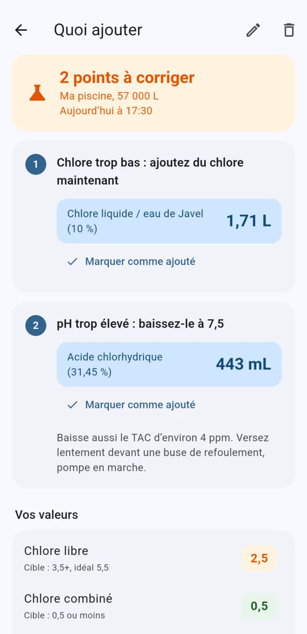 Appli Pool Log : deux étapes pour corriger l’eau, chlore liquide puis acide